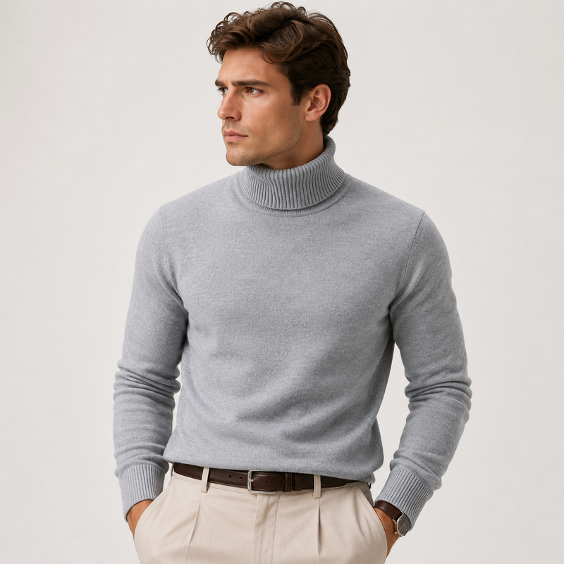 A man wearing a light gray ribbed turtleneck sweater, beige trousers, and a brown belt, photographed against a plain light gray studio background.