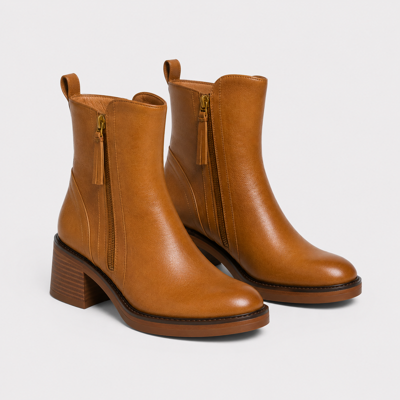 A pair of tan leather ankle boots with side zippers, pull tabs, and low block heels, shown on a light gray background.