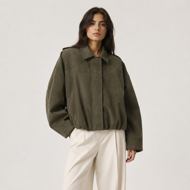 A woman modeling an oversized olive green corduroy jacket with a relaxed fit, paired with cream-colored trousers, against a plain light gray studio background.