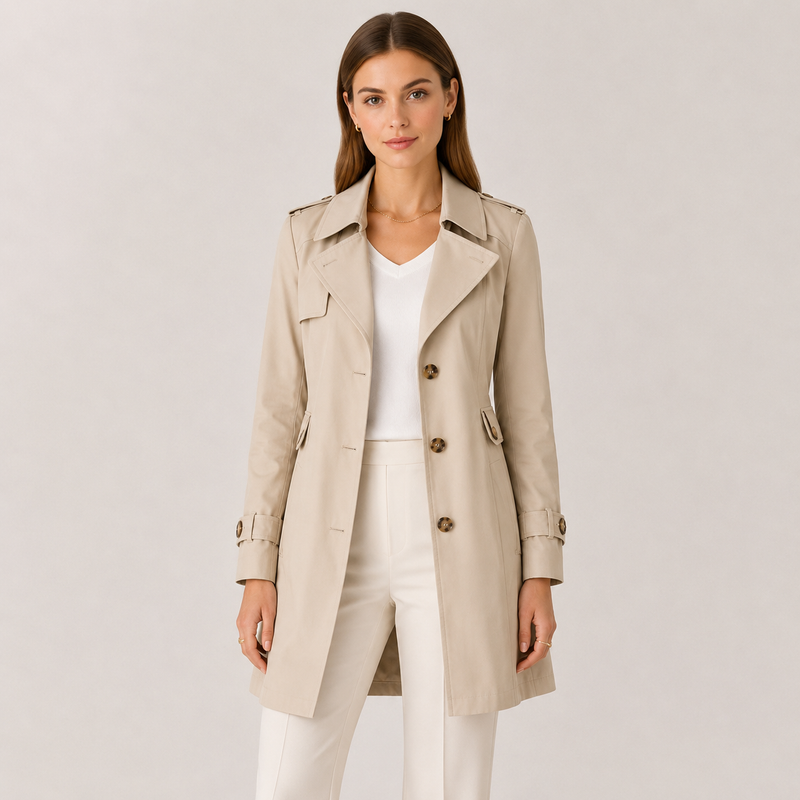 A woman modeling a light beige trench coat over a white top and white pants, standing against a plain light gray studio background.