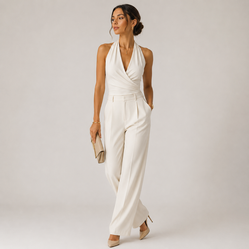 A woman models a white halter-neck jumpsuit with a wrap-style V-neck bodice and wide-leg trousers, styled with a beige clutch and beige heels against a light gray studio background.