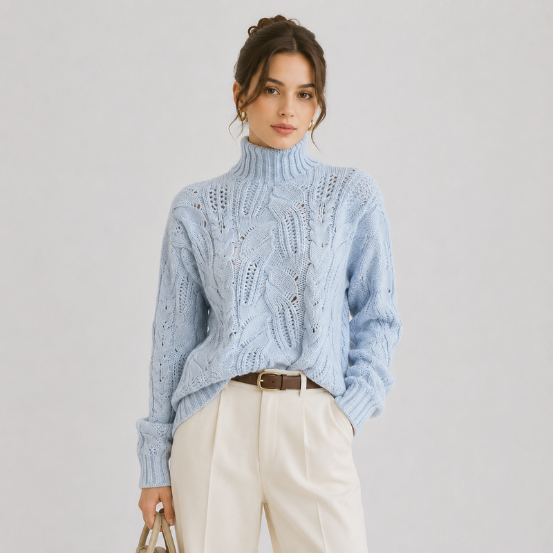 A woman models a light blue cable-knit turtleneck sweater, paired with cream trousers and a brown belt, against a neutral light gray background.