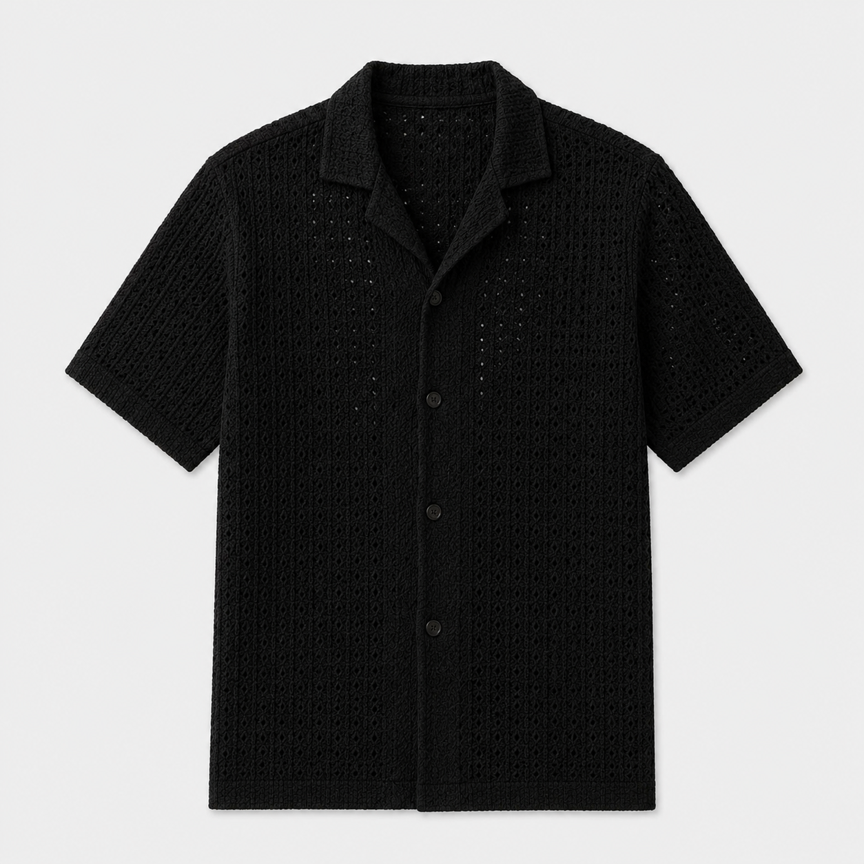 Black short-sleeve shirt on a light gray background