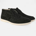 Pair of black suede shoes on a light gray background