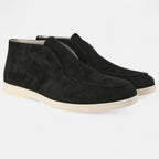 Pair of black suede shoes on a light gray background