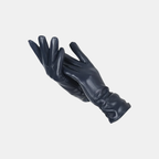 A pair of dark navy blue leather gloves, one showing the back of the hand and the other showing the palm side, set against a plain light gray background.