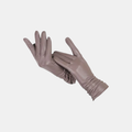 A pair of long, slim gloves in a muted taupe-brown color, displayed against a solid light gray background.