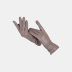 A pair of long, slim gloves in a muted taupe-brown color, displayed against a solid light gray background.