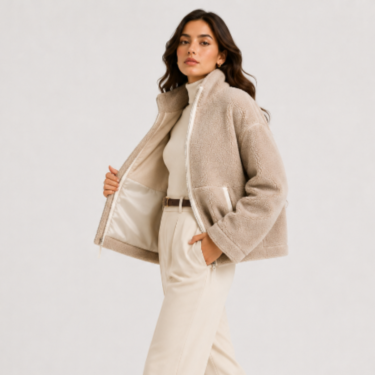 A woman models a beige sherpa fleece zip-up jacket with a high collar, worn open over a cream mock-neck top and cream trousers, against a plain light gray studio background.