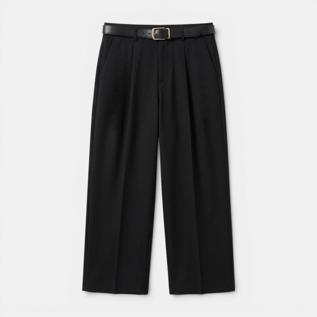 Black wide-leg pants with a belt on a white background