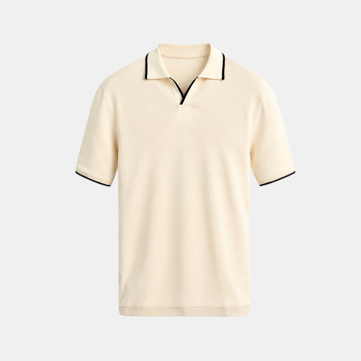 Beige polo shirt with black trim on a light gray background