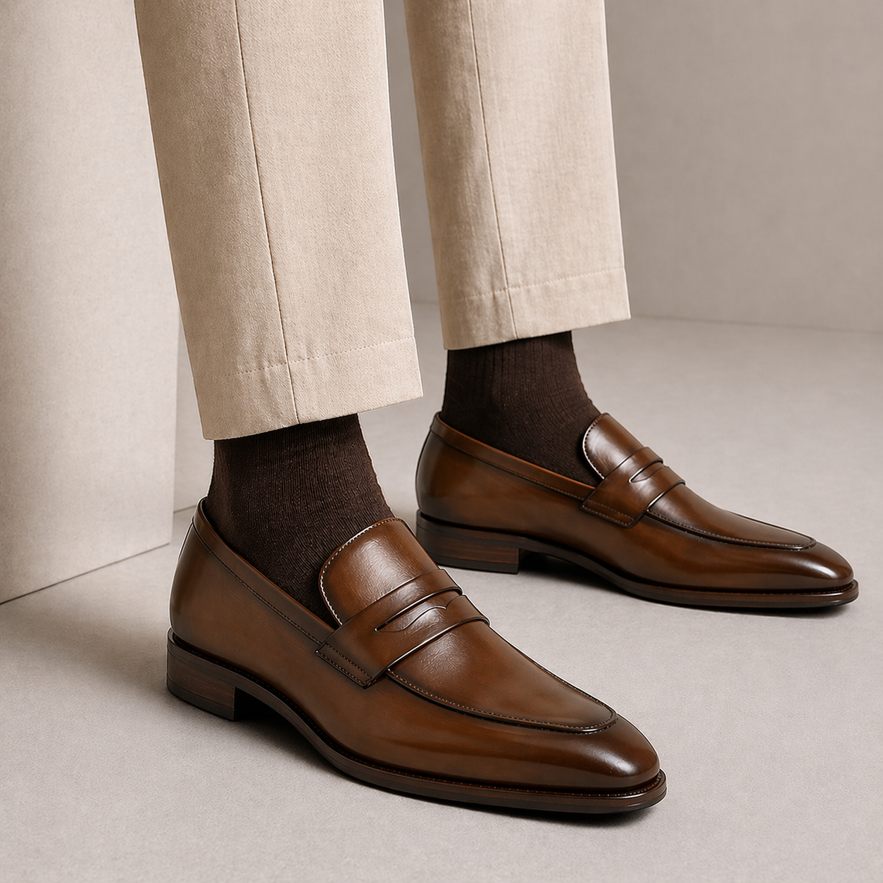 Brown leather loafers worn with beige pants and dark socks on a neutral background