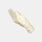 A pair of cream-colored leather gloves, one showing the back of the hand and the other showing the palm side, set against a solid light gray background.