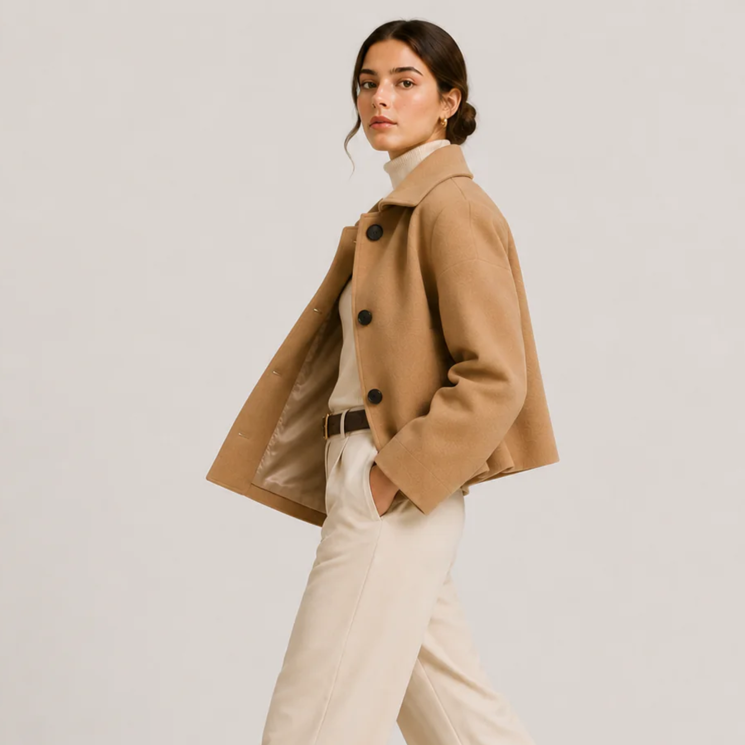 A woman modeling a cropped camel-colored coat over a cream turtleneck and cream trousers, photographed against a plain light gray studio background.