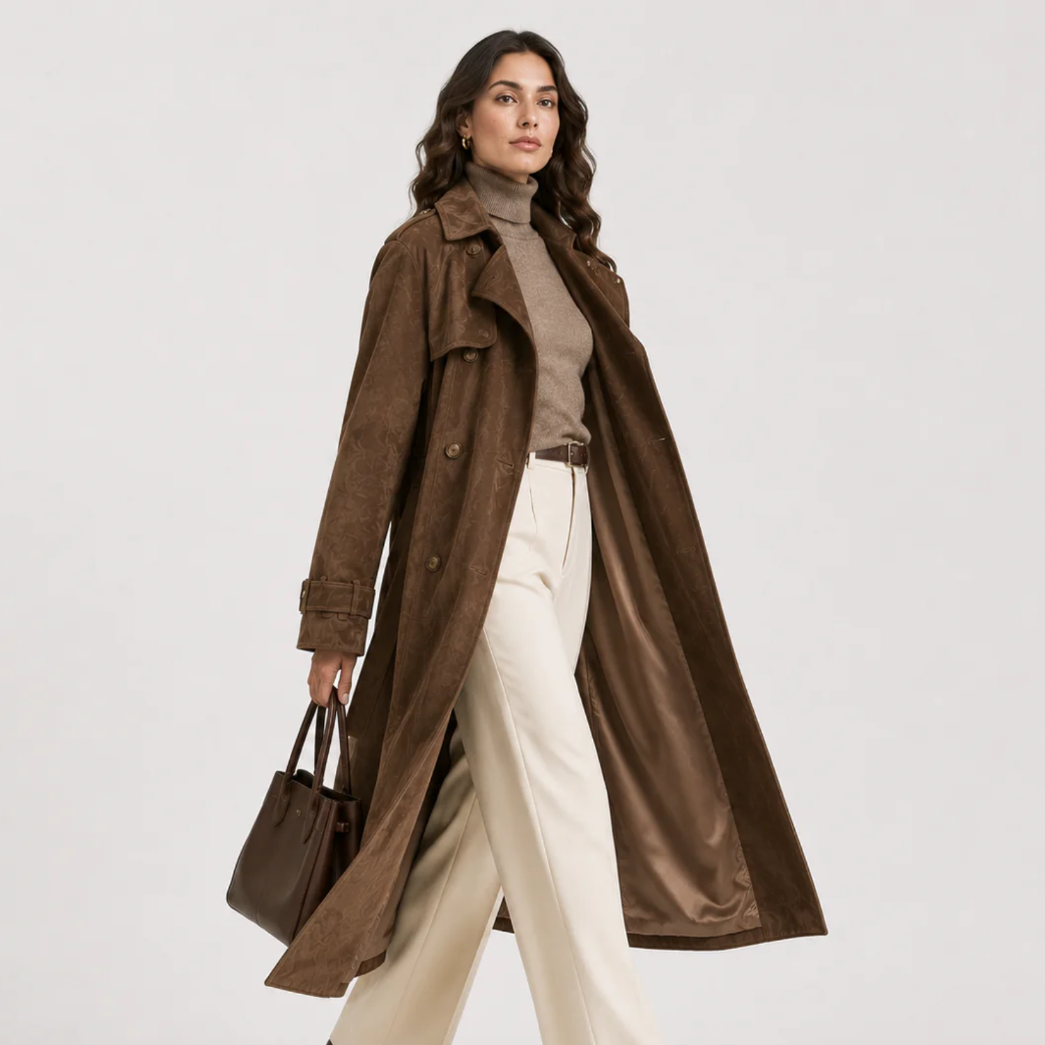 A woman models a long brown suede trench coat over a taupe turtleneck and cream wide-leg trousers, holding a matching brown leather handbag against a light gray studio background.