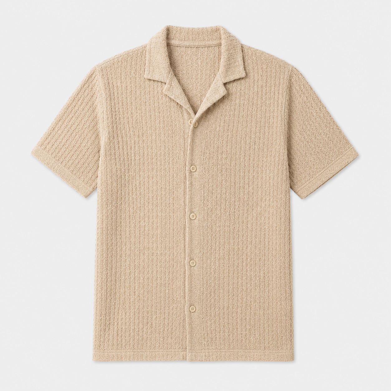 Beige textured short-sleeve shirt on a light gray background