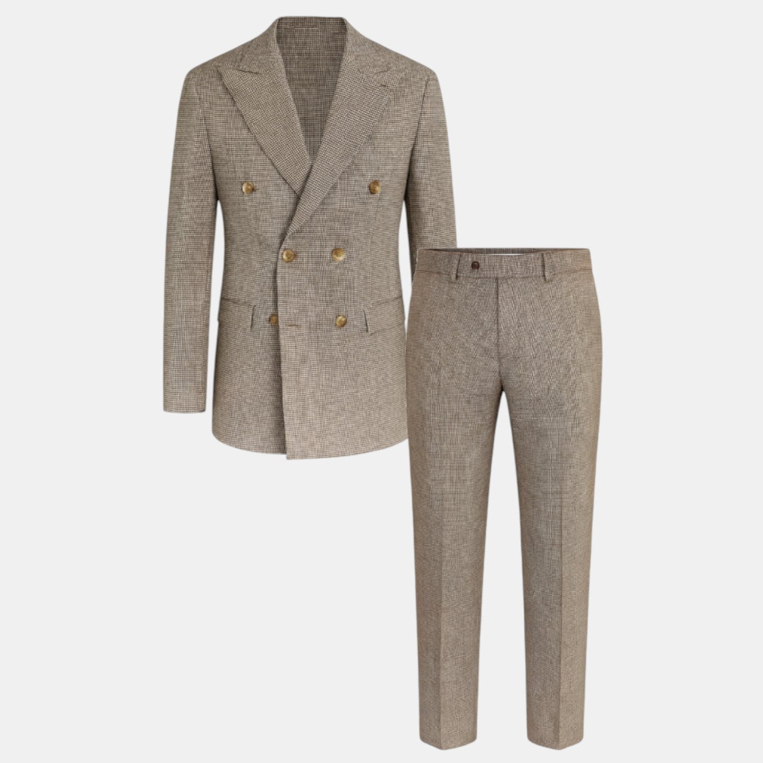Beige suit jacket and pants on a white background