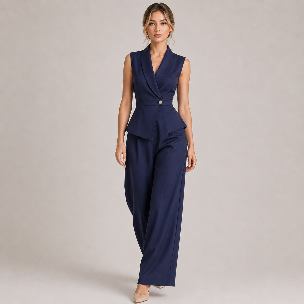 A woman models a navy blue sleeveless wrap-style jumpsuit with a peplum waist and wide-leg pants, standing against a neutral light gray studio background.