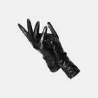 A pair of black leather gloves with long cuffs, displayed against a solid light gray background.