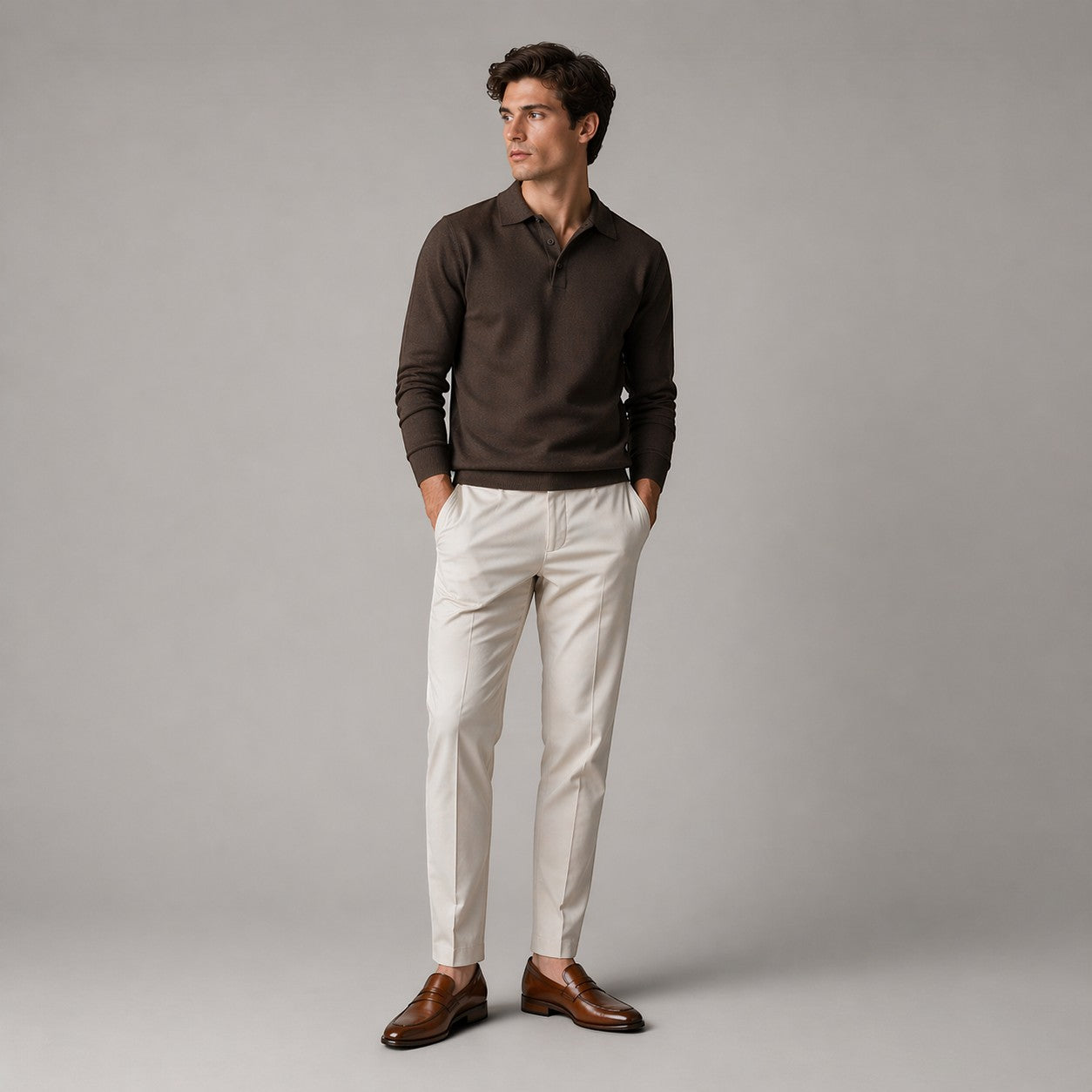 Man wearing a brown sweater and white pants against a gray background
