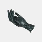 A pair of dark green leather gloves, one laid flat and the other held up to show the back and cuff, on a light gray background.
