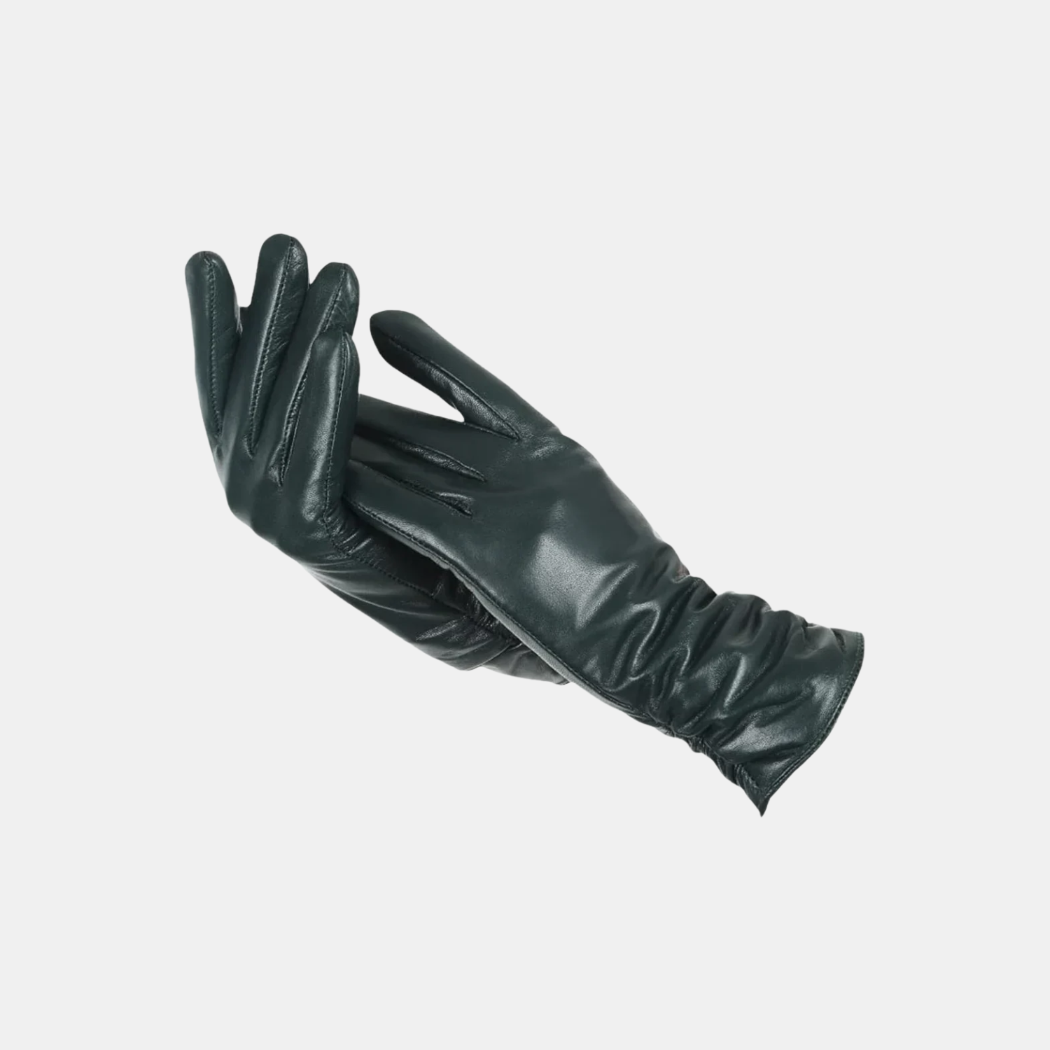 A pair of dark green leather gloves, one laid flat and the other held up to show the back and cuff, on a light gray background.