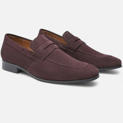 Pair of maroon loafers on a white background