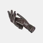 A pair of dark brown leather gloves, one showing the back of the hand and the other showing the palm side, set against a plain light gray background.
