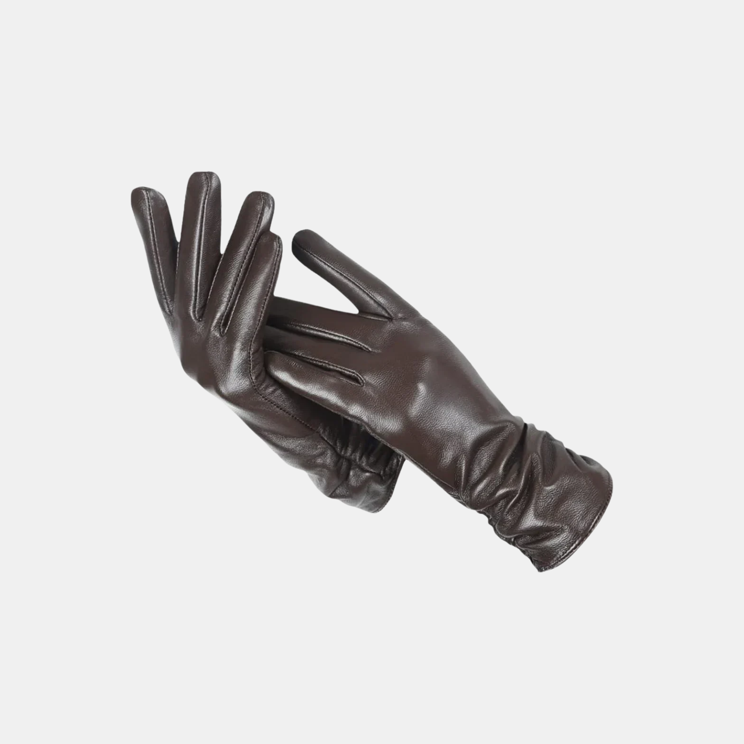 A pair of dark brown leather gloves, one showing the back of the hand and the other showing the palm side, set against a plain light gray background.