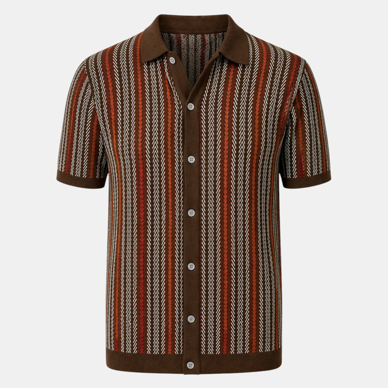 Short-sleeve shirt with brown and red pattern on a white background
