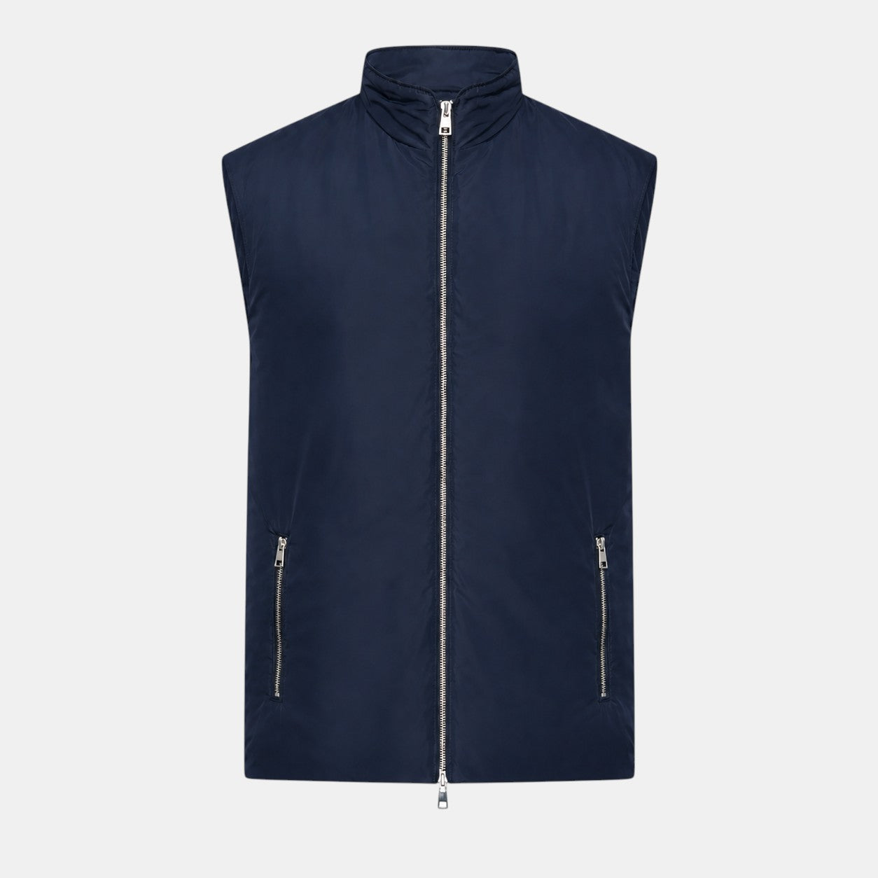 Navy blue vest with zippers on a light gray background