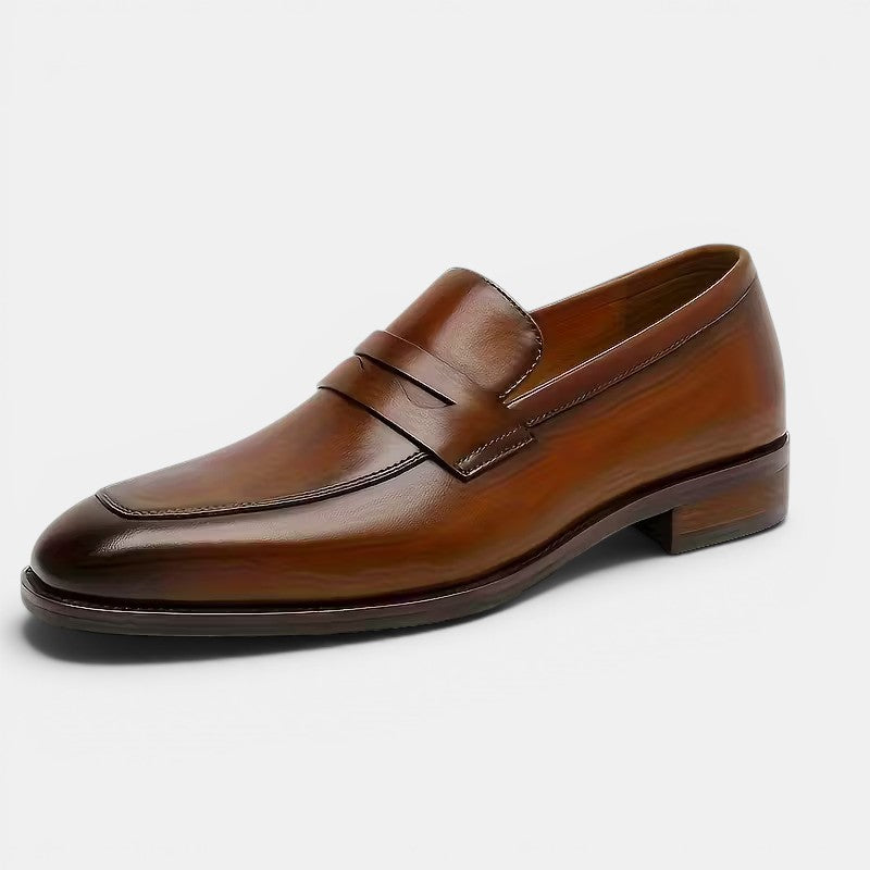 Brown leather loafer shoe on a white background