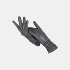 A pair of dark gray leather gloves, one laid flat and the other held up to show the back and cuff, on a light gray background.