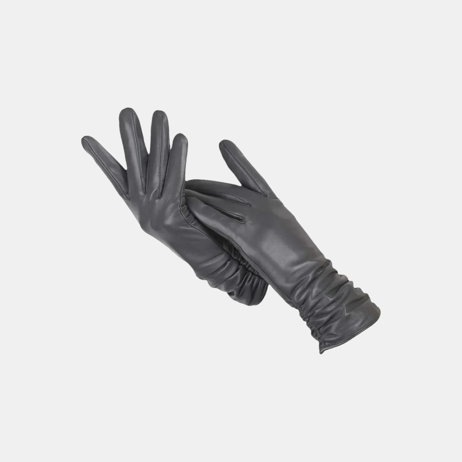 A pair of dark gray leather gloves, one laid flat and the other held up to show the back and cuff, on a light gray background.