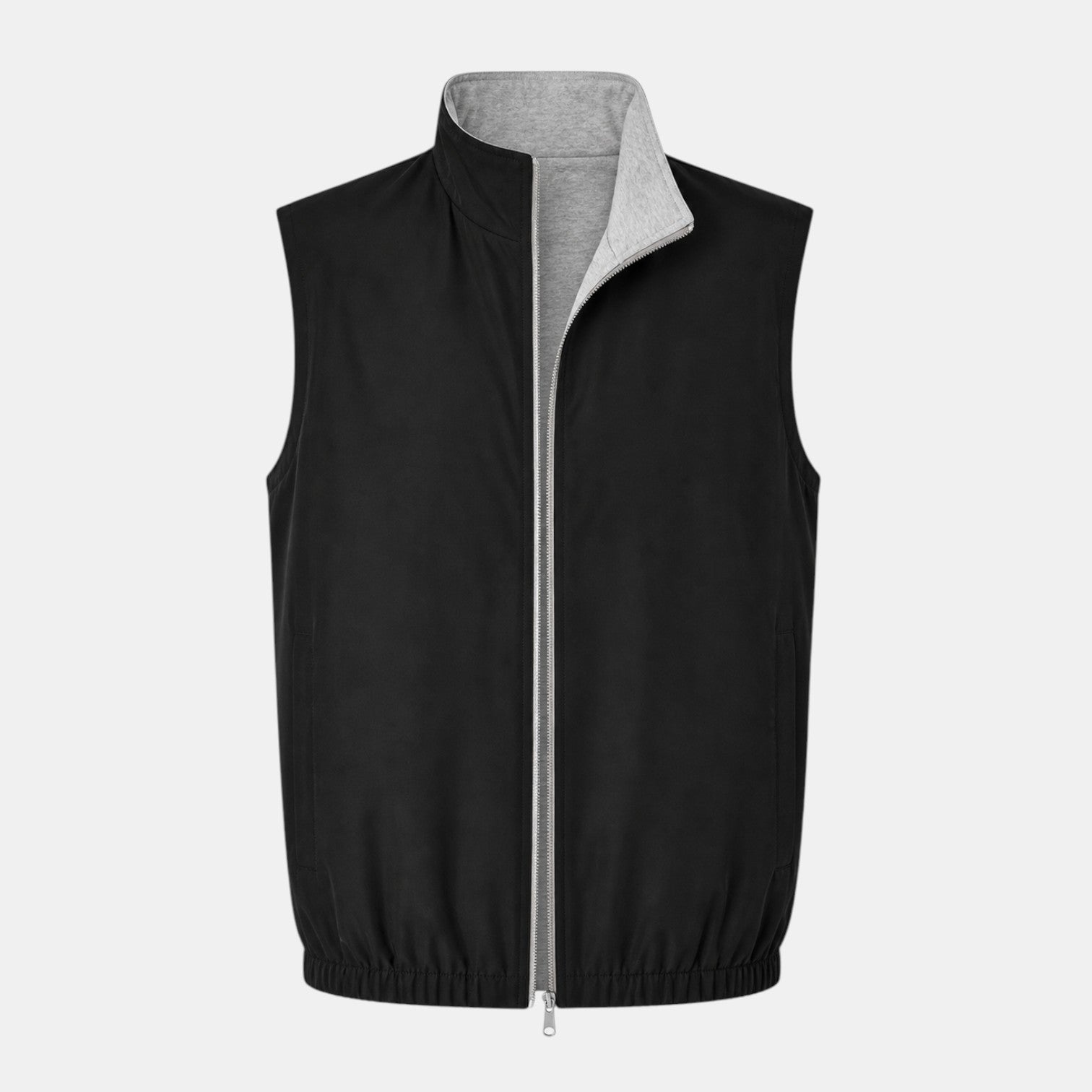 Black vest with gray zipper and collar on a white background