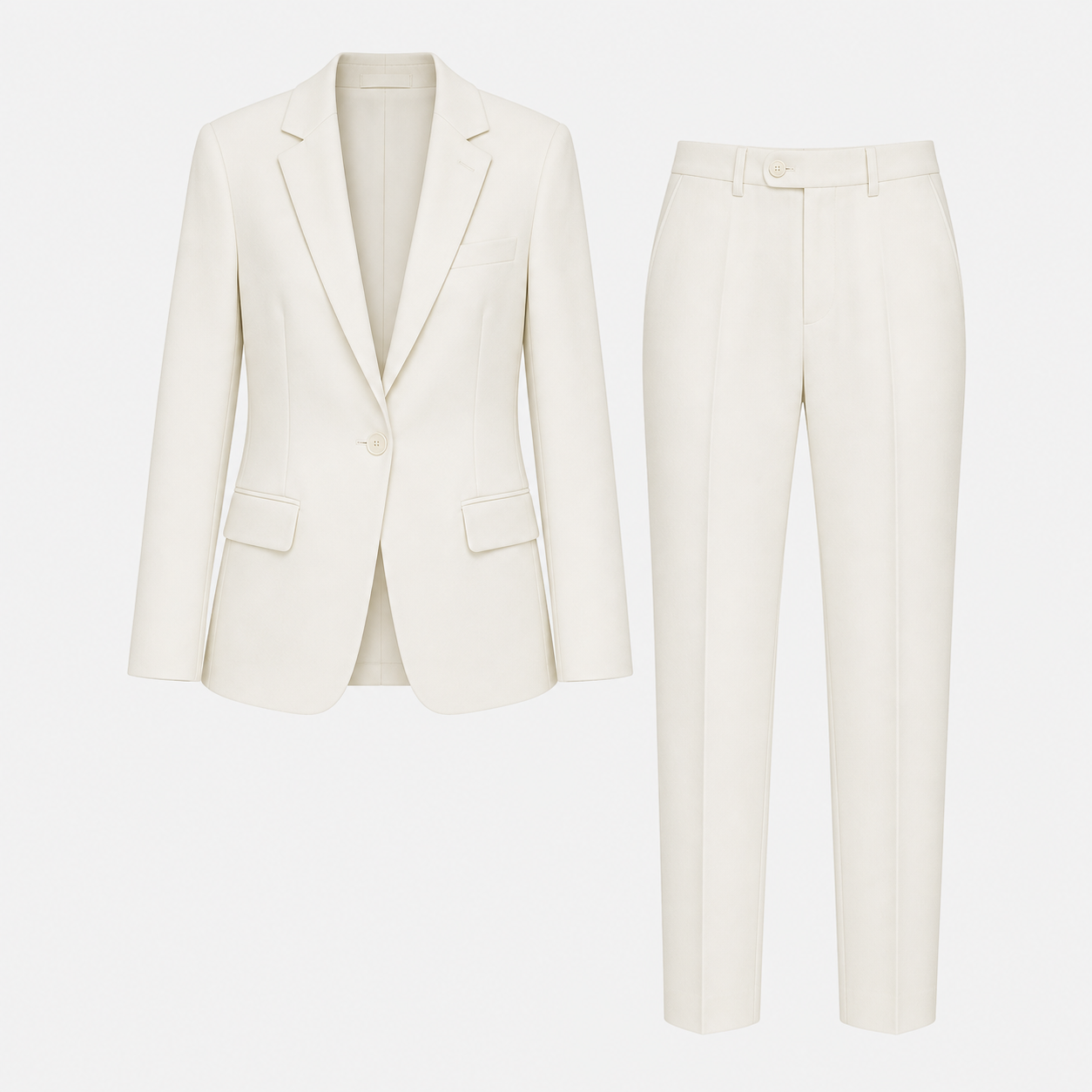 White suit jacket and pants on a white background