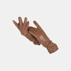 A pair of smooth, medium brown leather gloves with long cuffs, shown overlapping against a solid light gray background.