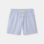 Blue and white striped shorts with a drawstring on a light gray background