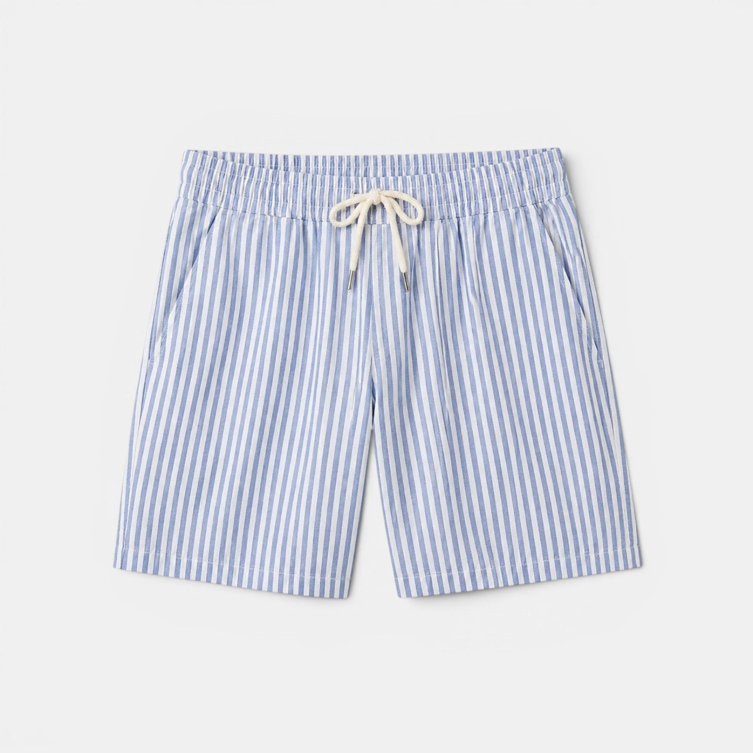 Blue and white striped shorts with a drawstring on a light gray background