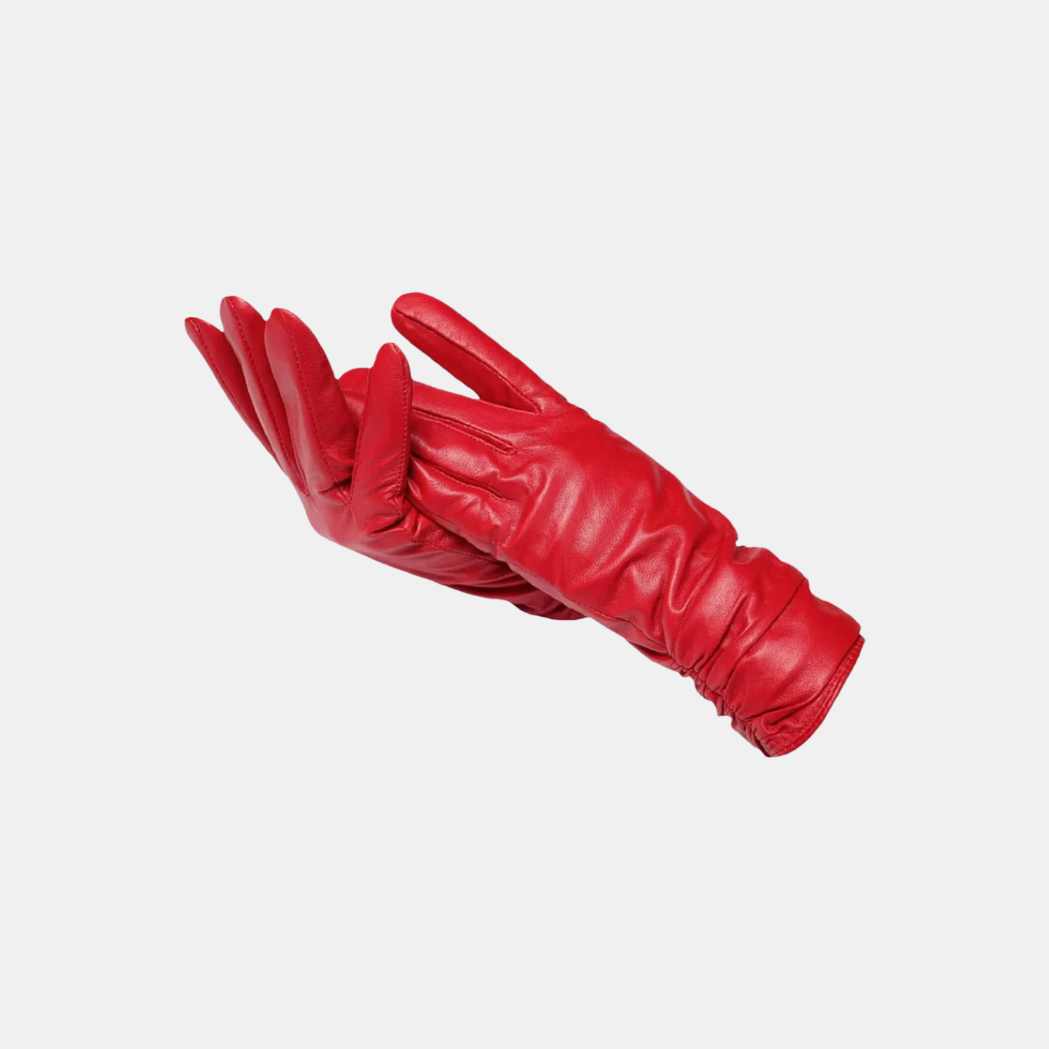 A pair of bright red leather gloves, one resting on top of the other, displayed against a solid light gray background.