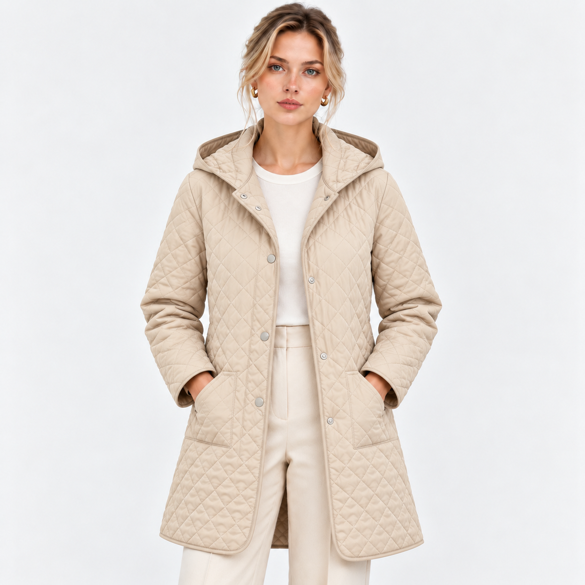 A woman modeling a long quilted hooded coat in a light beige color, styled over a white top and matching trousers against a plain white studio background.