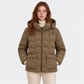Women's taupe brown quilted puffer jacket with hood, front zipper, and flap pockets