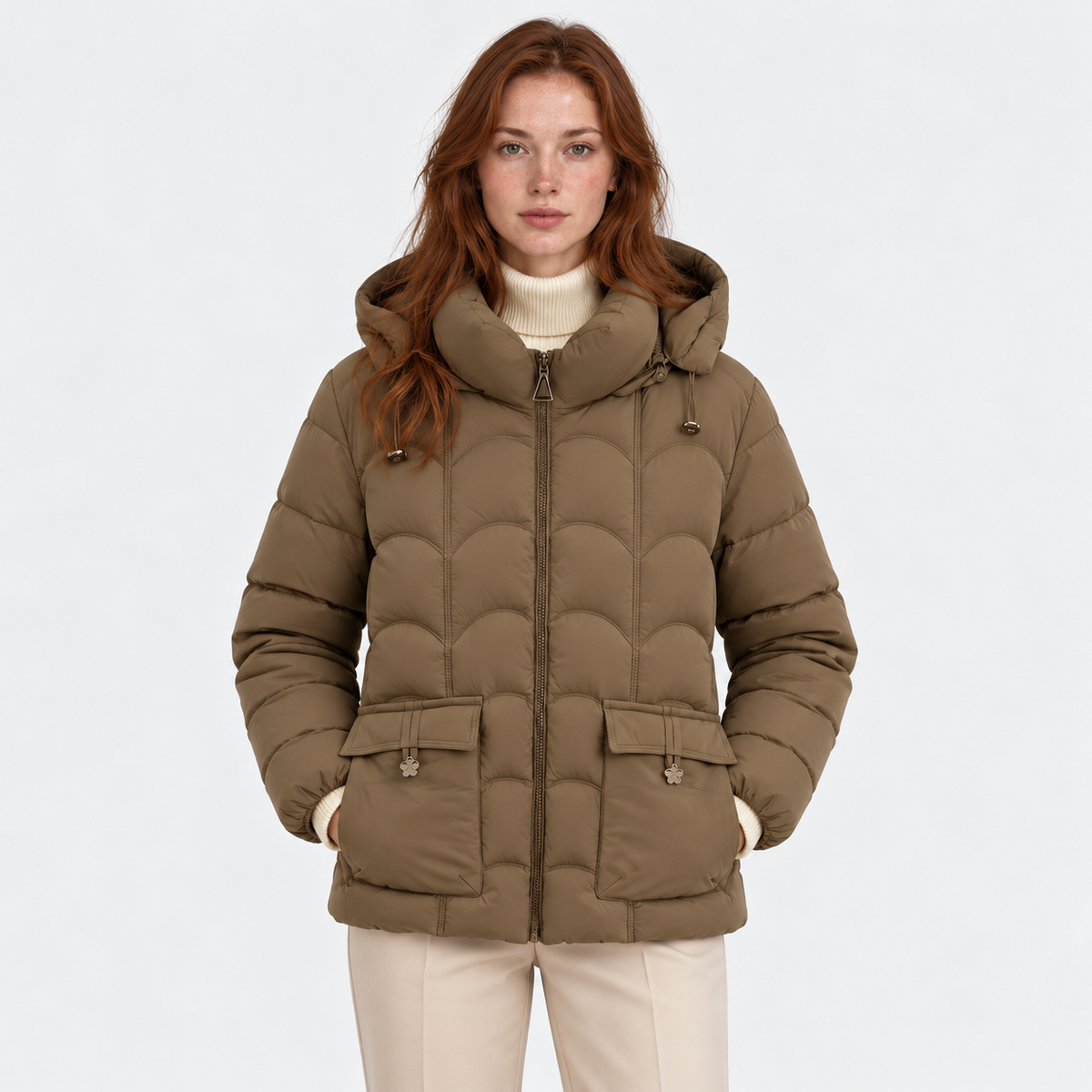 Women's taupe brown quilted puffer jacket with hood, front zipper, and flap pockets