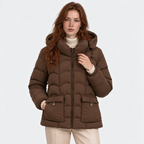 Women's dark brown quilted puffer jacket with hood and front pockets