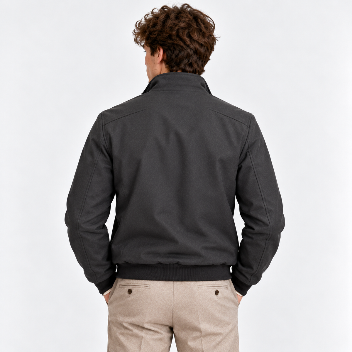 Back view of a men's charcoal gray bomber jacket with a classic collar