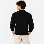 Back view of a man wearing a black ribbed knit cardigan