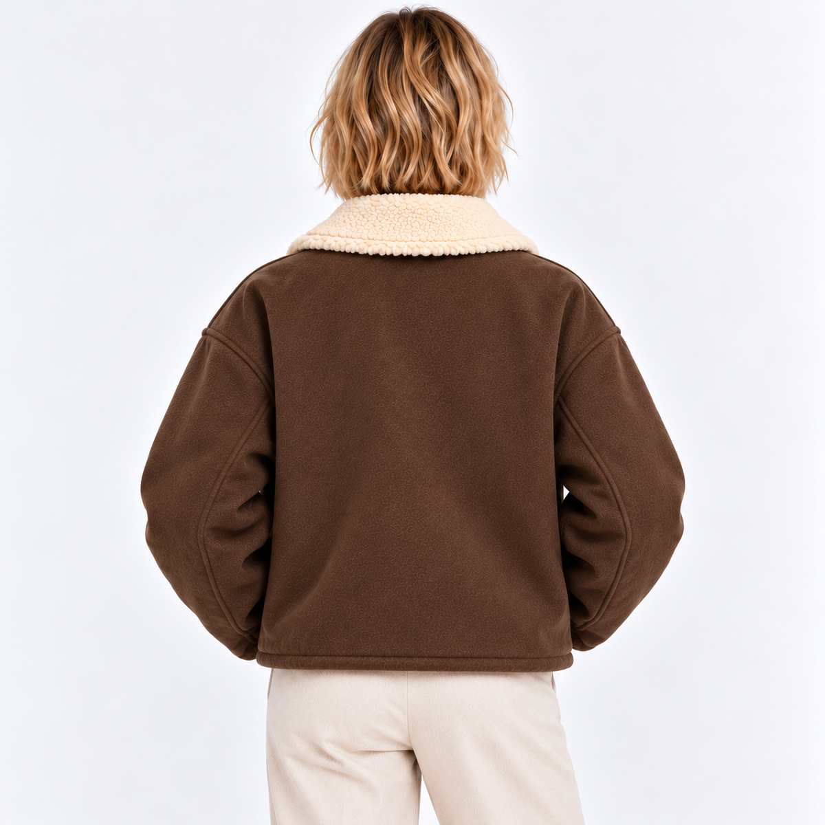 Back view of a woman wearing a brown shearling collar jacket