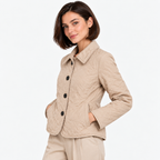 Side view of a woman wearing a beige quilted button-front jacket