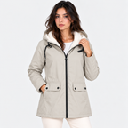 A woman modeling a light gray hooded parka jacket with a white sherpa-lined hood, black front zipper, and black drawstrings, against a plain light gray studio background.