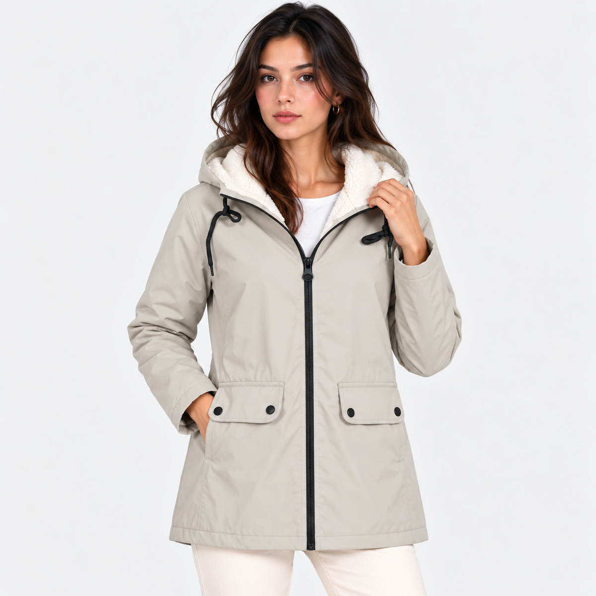A woman modeling a light gray hooded parka jacket with a white sherpa-lined hood, black front zipper, and black drawstrings, against a plain light gray studio background.